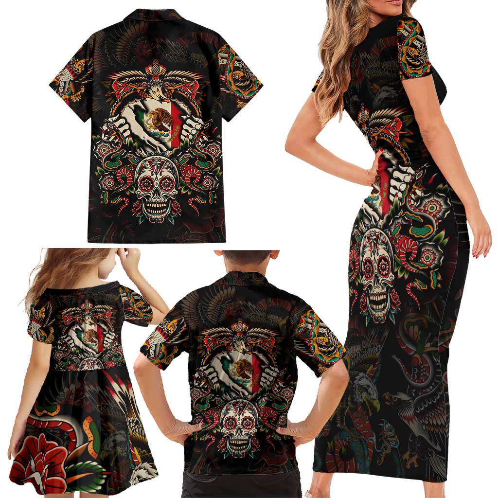 Mexico Sugar Skull Family Matching Short Sleeve Bodycon Dress and Hawaiian Shirt Tattoo Art Mexican Flag