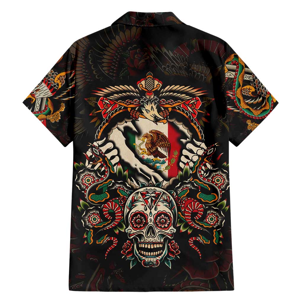 Mexico Sugar Skull Family Matching Short Sleeve Bodycon Dress and Hawaiian Shirt Tattoo Art Mexican Flag