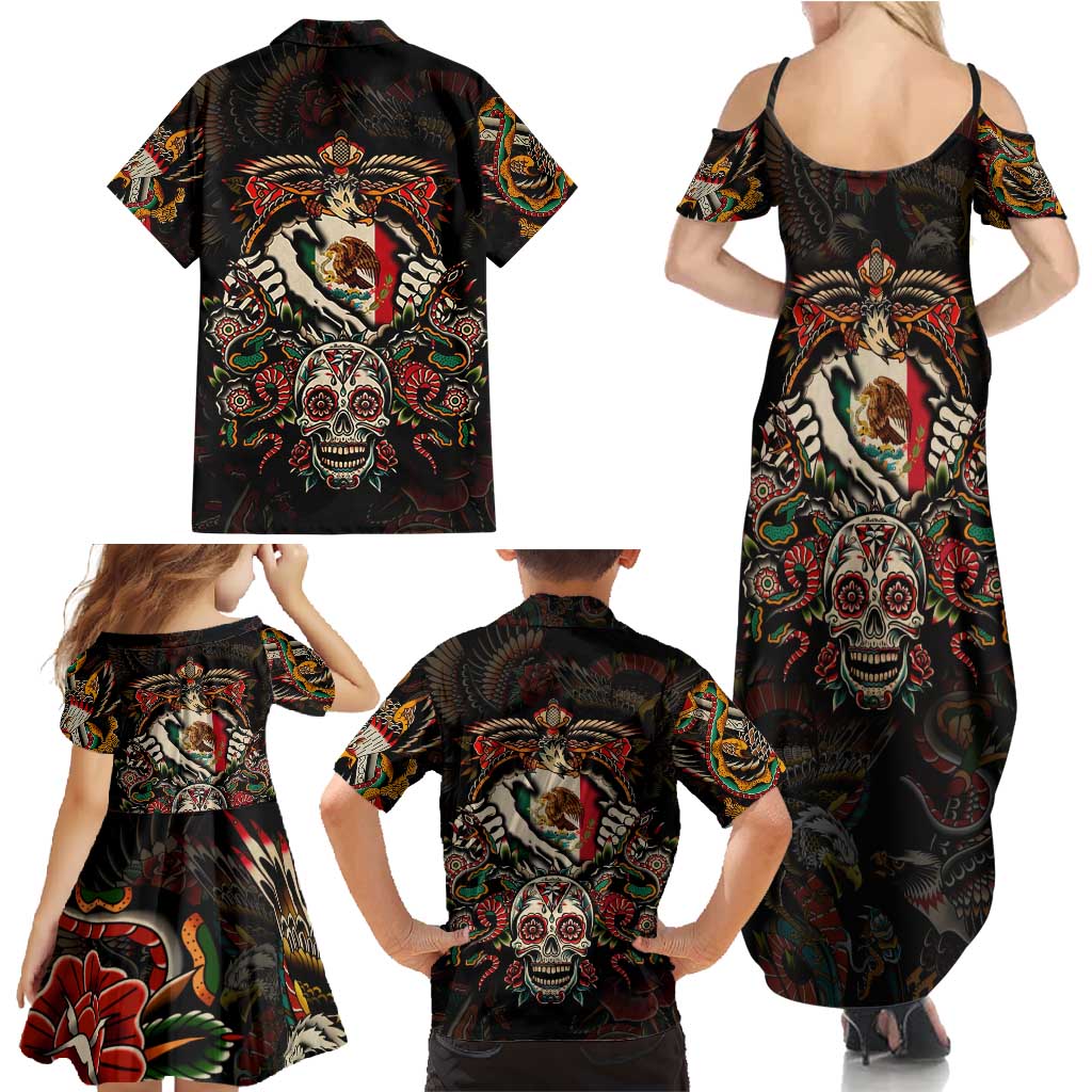 Mexico Sugar Skull Family Matching Summer Maxi Dress and Hawaiian Shirt Tattoo Art Mexican Flag