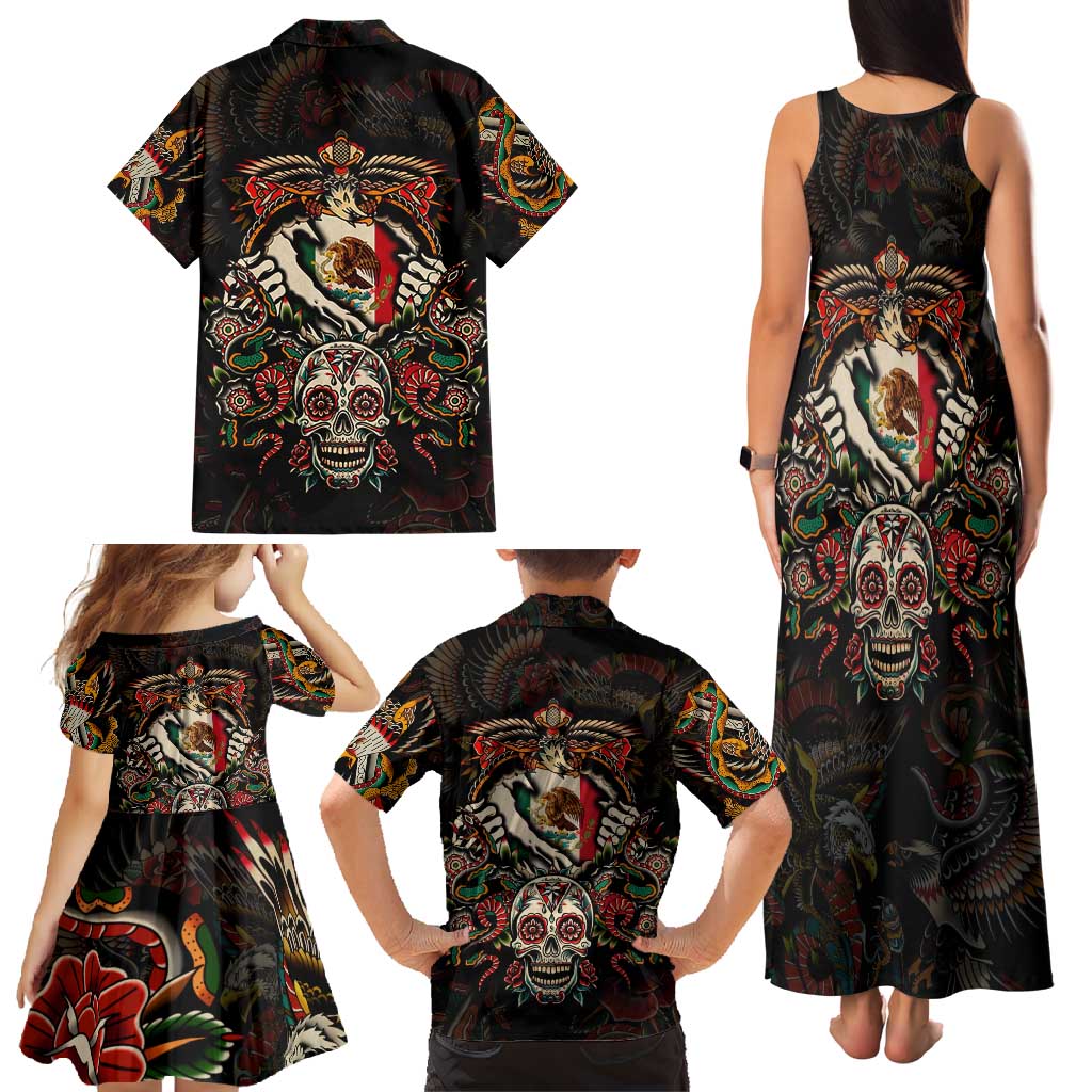 Mexico Sugar Skull Family Matching Tank Maxi Dress and Hawaiian Shirt Tattoo Art Mexican Flag