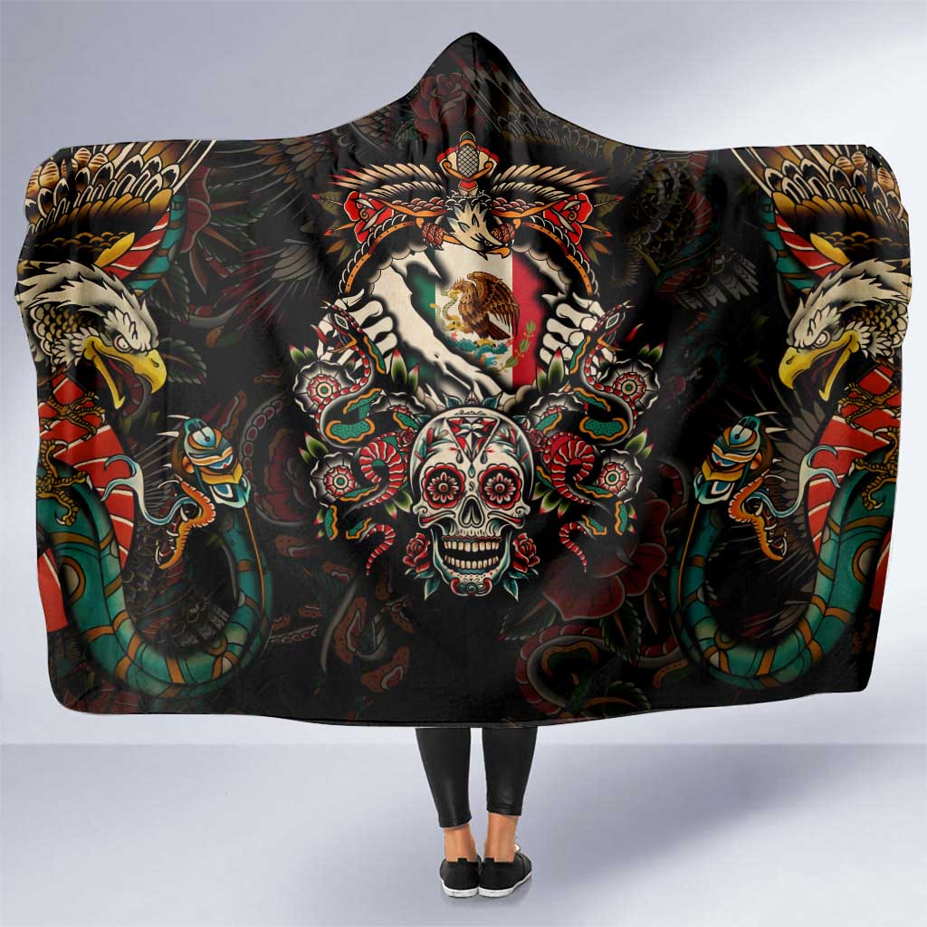 Mexico Sugar Skull Hooded Blanket Tattoo Art Mexican Flag