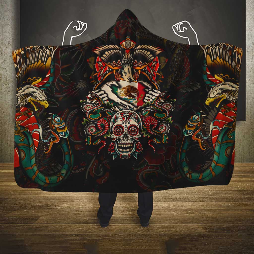 Mexico Sugar Skull Hooded Blanket Tattoo Art Mexican Flag