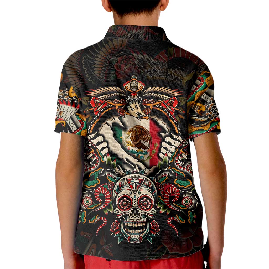 Mexico Sugar Skull Kid Polo Shirt Tattoo Art Mexican Flag