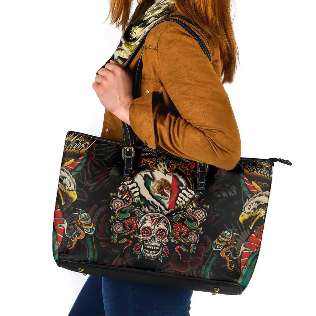 Mexico Sugar Skull Leather Tote Bag Tattoo Art Mexican Flag