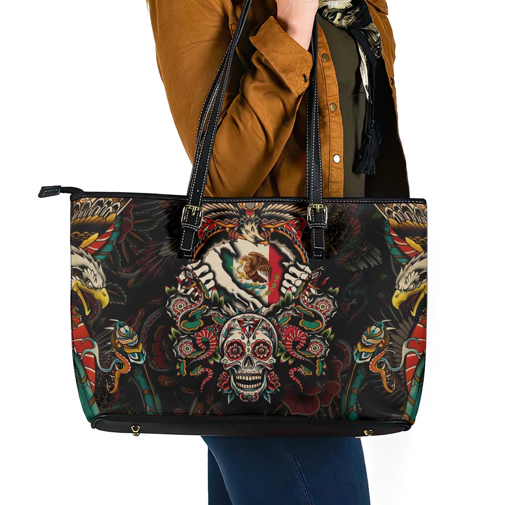 Mexico Sugar Skull Leather Tote Bag Tattoo Art Mexican Flag