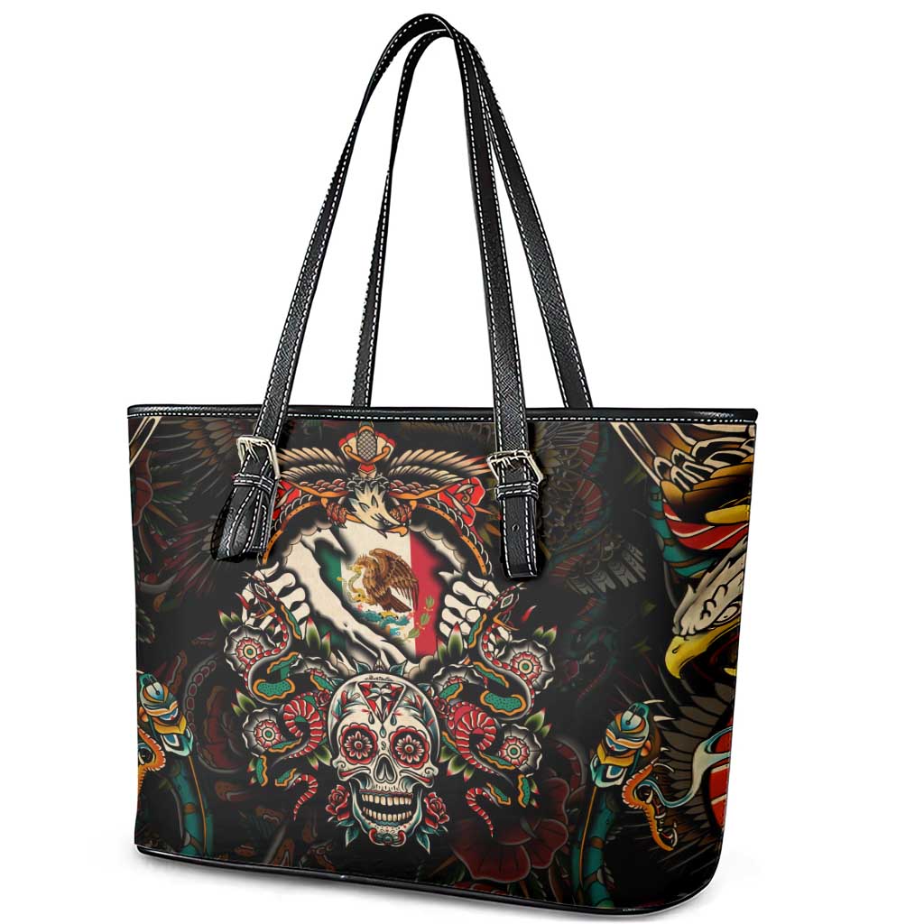 Mexico Sugar Skull Leather Tote Bag Tattoo Art Mexican Flag