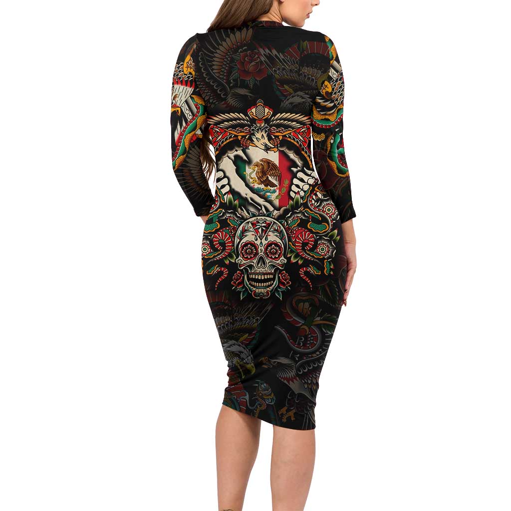 Mexico Sugar Skull Long Sleeve Bodycon Dress Tattoo Art Mexican Flag