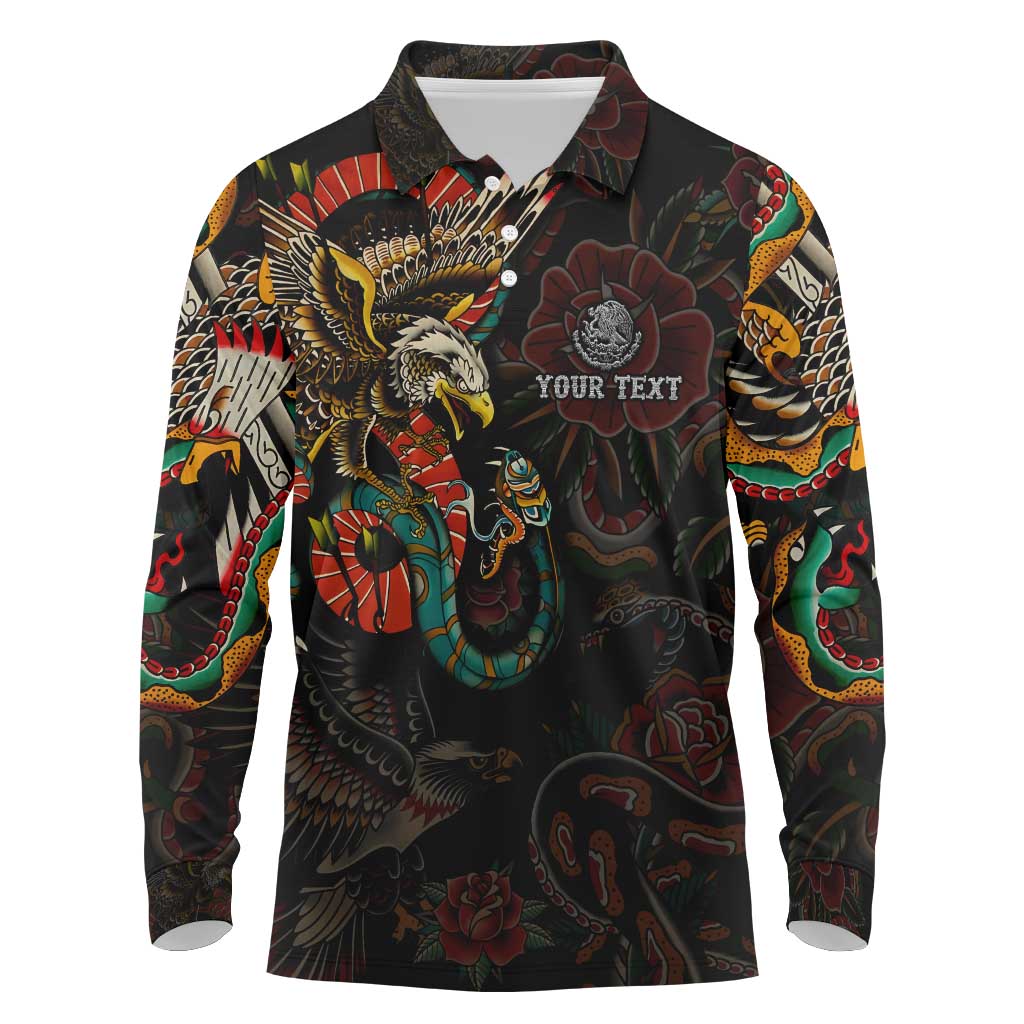 Mexico Sugar Skull Long Sleeve Polo Shirt Tattoo Art Mexican Flag