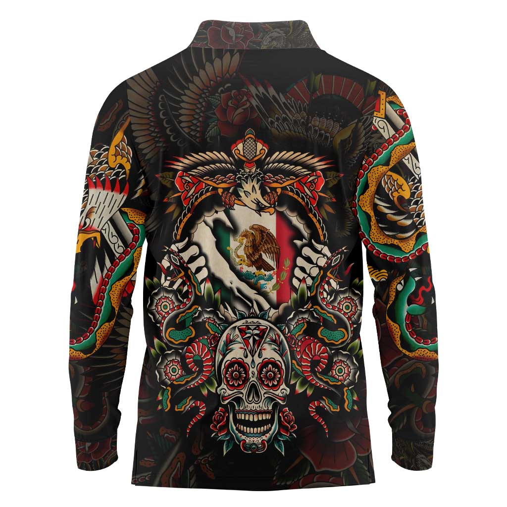 Mexico Sugar Skull Long Sleeve Polo Shirt Tattoo Art Mexican Flag