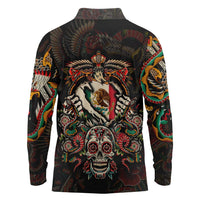 Mexico Sugar Skull Long Sleeve Polo Shirt Tattoo Art Mexican Flag