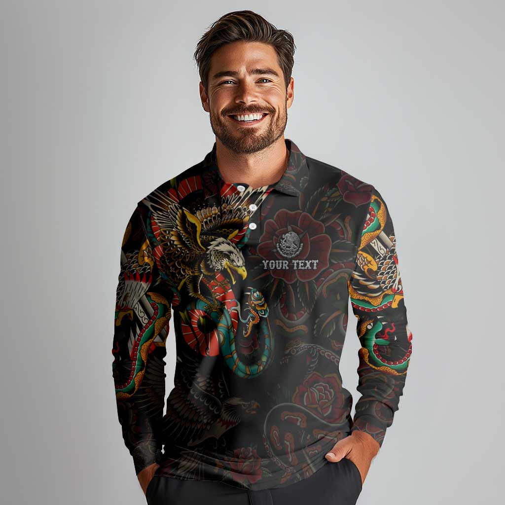 Mexico Sugar Skull Long Sleeve Polo Shirt Tattoo Art Mexican Flag
