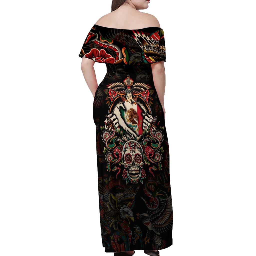 Mexico Sugar Skull Off Shoulder Maxi Dress Tattoo Art Mexican Flag