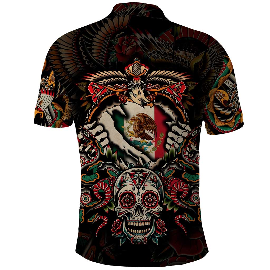 Mexico Sugar Skull Polo Shirt Tattoo Art Mexican Flag