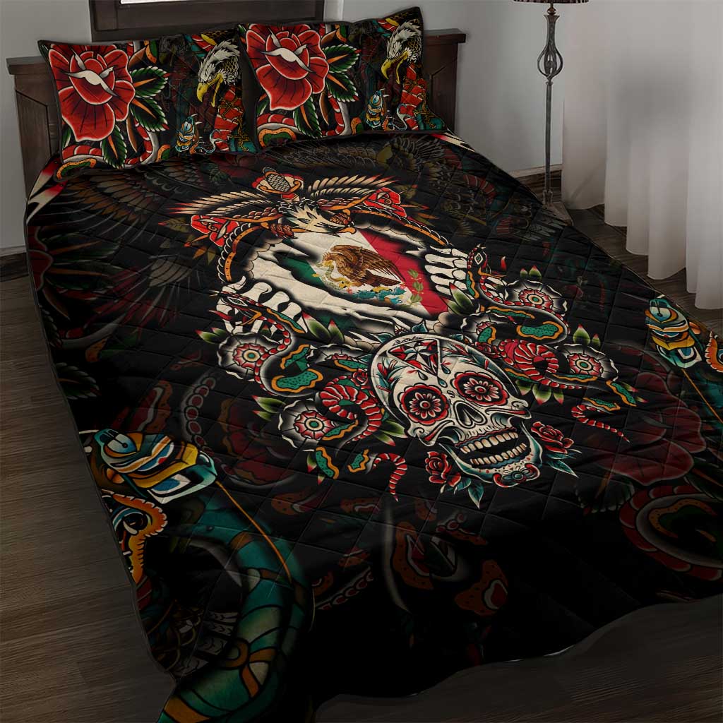 Mexico Sugar Skull Quilt Bed Set Tattoo Art Mexican Flag
