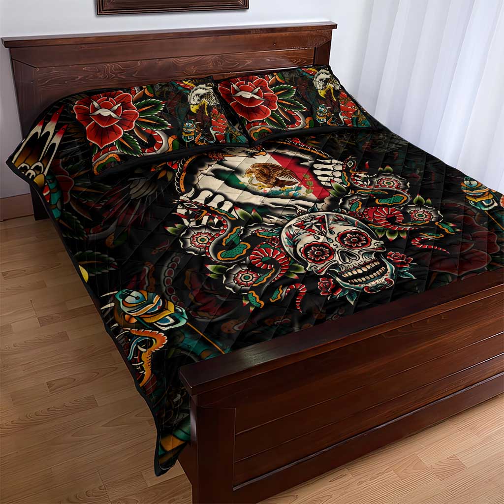 Mexico Sugar Skull Quilt Bed Set Tattoo Art Mexican Flag