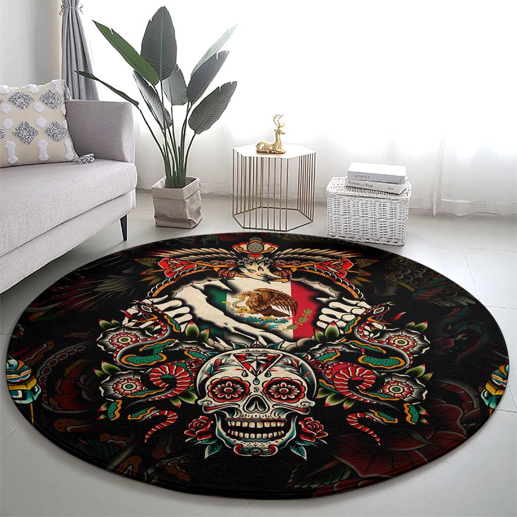 Mexico Sugar Skull Round Carpet Tattoo Art Mexican Flag