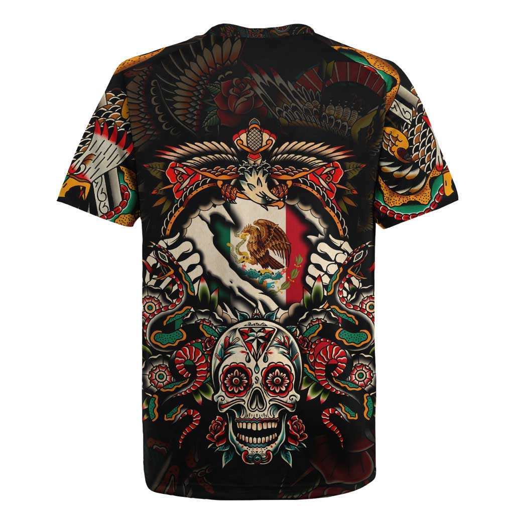Mexico Sugar Skull Rugby Jersey Tattoo Art Mexican Flag