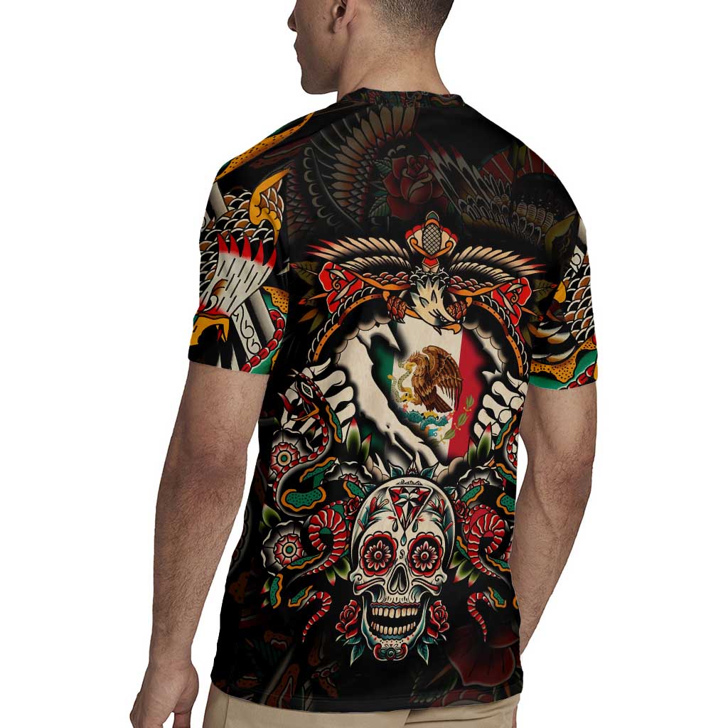 Mexico Sugar Skull Rugby Jersey Tattoo Art Mexican Flag