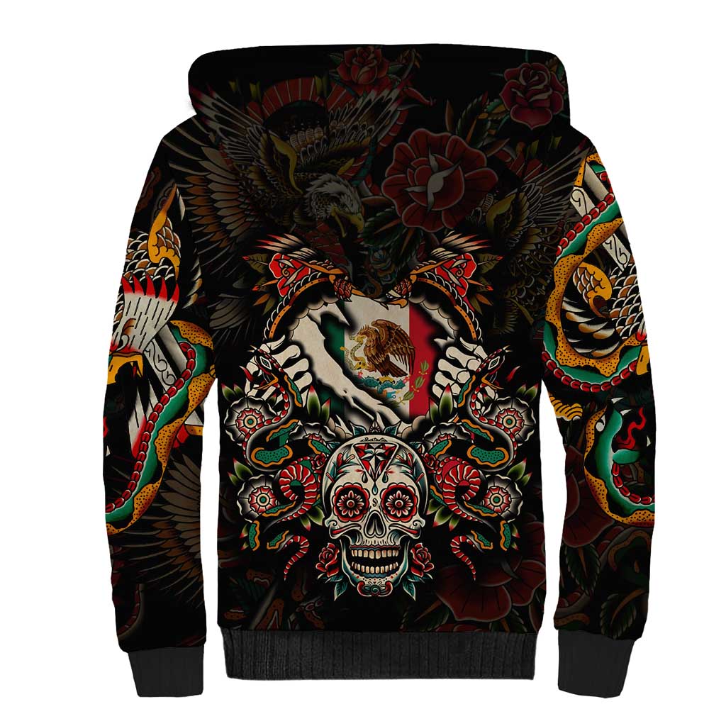 Mexico Sugar Skull Sherpa Hoodie Tattoo Art Mexican Flag