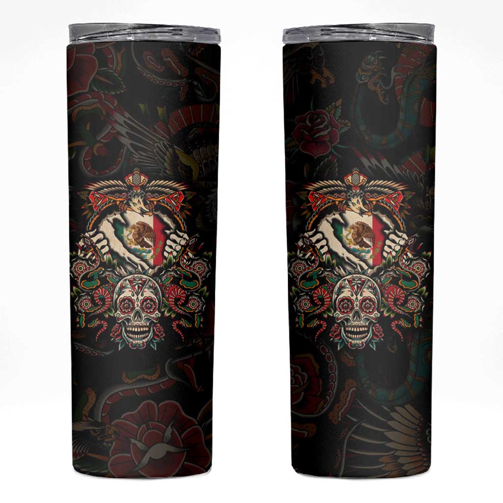 Mexico Sugar Skull Skinny Tumbler Tattoo Art Mexican Flag