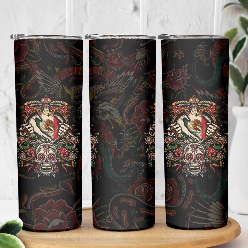 Mexico Sugar Skull Skinny Tumbler Tattoo Art Mexican Flag