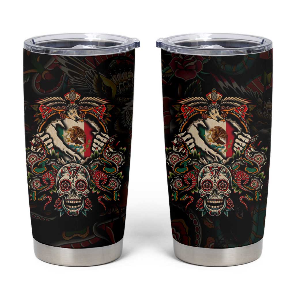 Mexico Sugar Skull Tumbler Cup Tattoo Art Mexican Flag