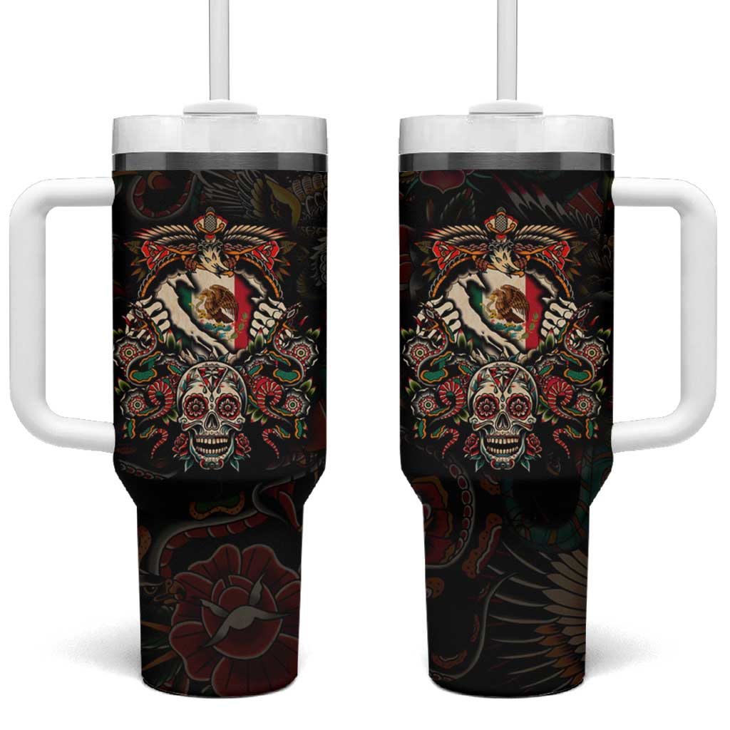 Mexico Sugar Skull Tumbler With Handle Tattoo Art Mexican Flag