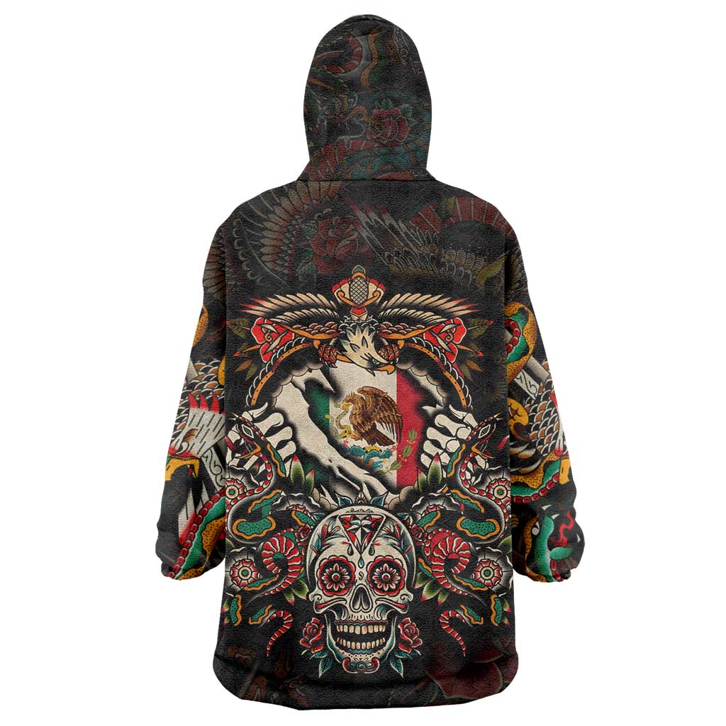 Mexico Sugar Skull Wearable Blanket Hoodie Tattoo Art Mexican Flag