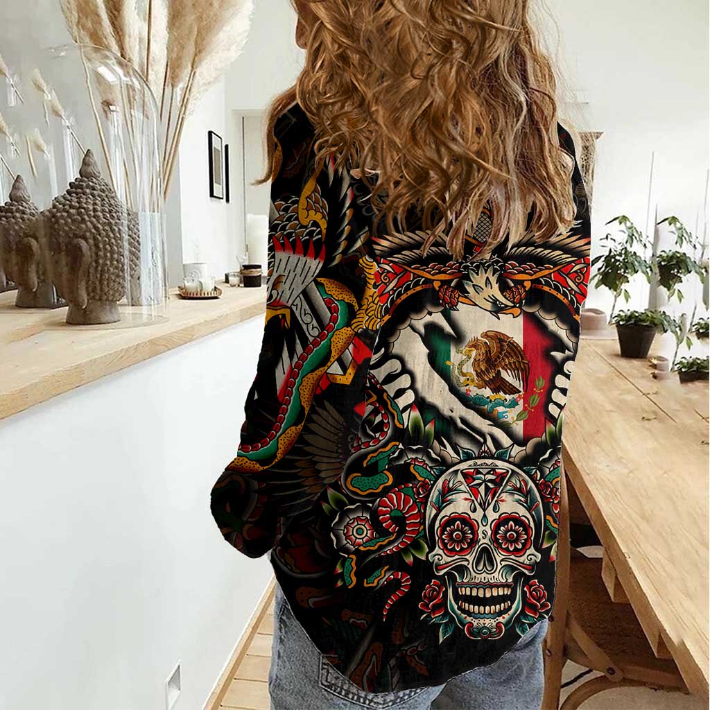 Mexico Sugar Skull Women Casual Shirt Tattoo Art Mexican Flag