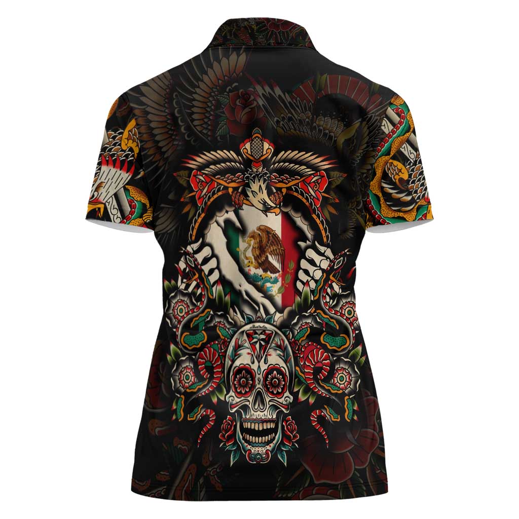 Mexico Sugar Skull Women Polo Shirt Tattoo Art Mexican Flag