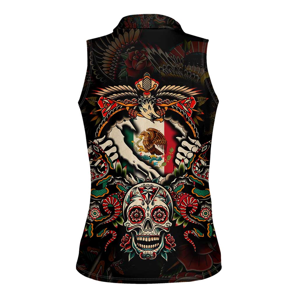 Mexico Sugar Skull Women Sleeveless Polo Shirt Tattoo Art Mexican Flag