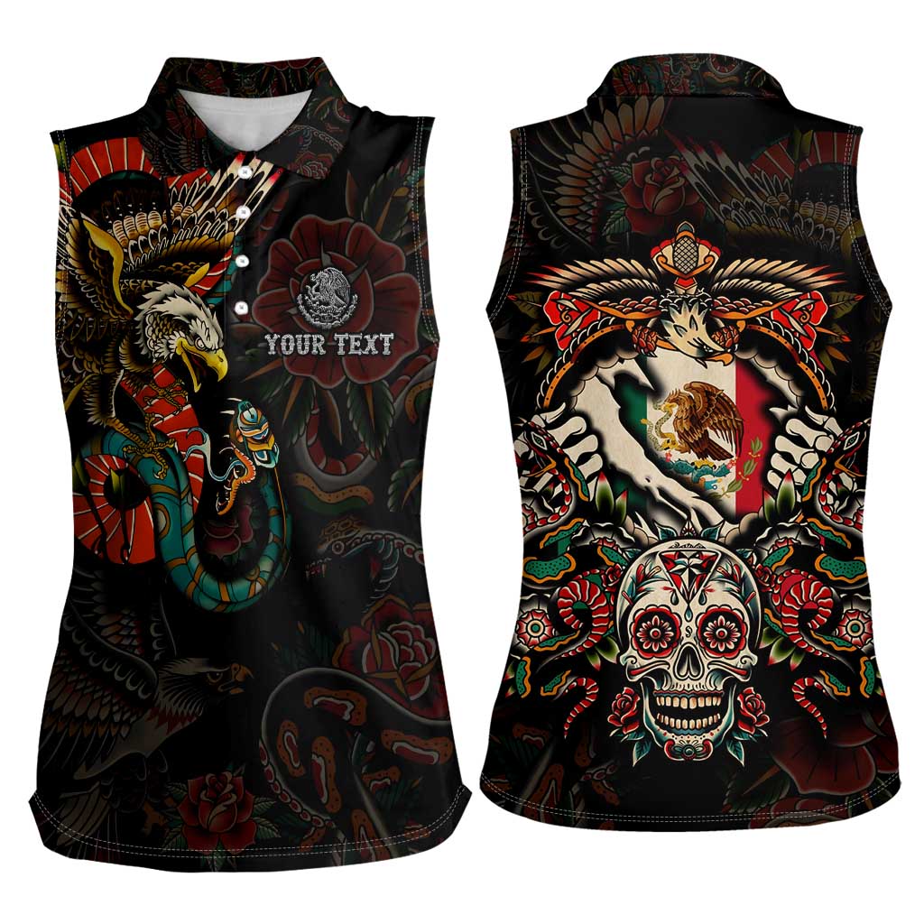 Mexico Sugar Skull Women Sleeveless Polo Shirt Tattoo Art Mexican Flag