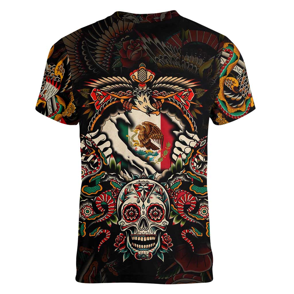 Mexico Sugar Skull Women V-Neck T-Shirt Tattoo Art Mexican Flag