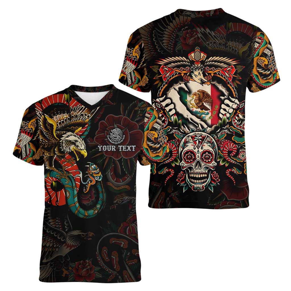 Mexico Sugar Skull Women V-Neck T-Shirt Tattoo Art Mexican Flag