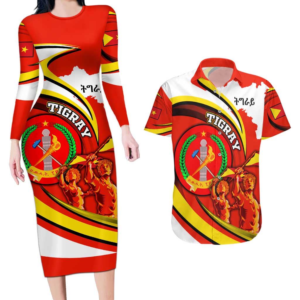 Ethiopia Tigray Revolution Couples Matching Long Sleeve Bodycon Dress and Hawaiian Shirt Emblem Freedom Fighters and Flag