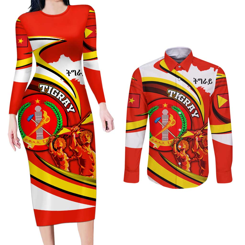 Ethiopia Tigray Revolution Couples Matching Long Sleeve Bodycon Dress and Long Sleeve Button Shirt Emblem Freedom Fighters and Flag