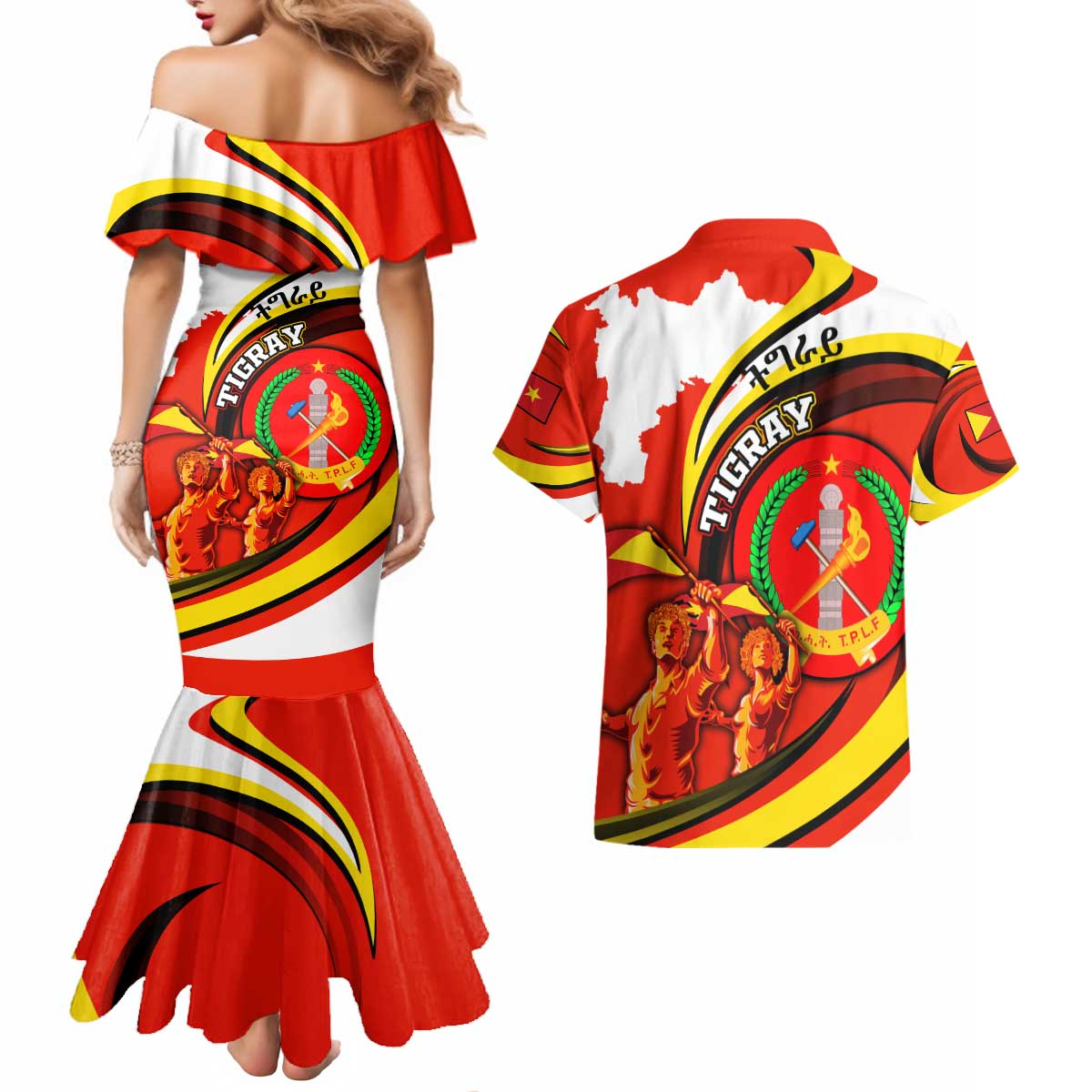 Ethiopia Tigray Revolution Couples Matching Mermaid Dress and Hawaiian Shirt Emblem Freedom Fighters and Flag