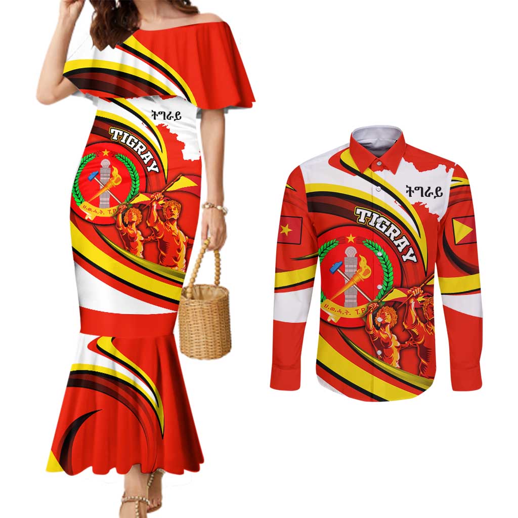 Ethiopia Tigray Revolution Couples Matching Mermaid Dress and Long Sleeve Button Shirt Emblem Freedom Fighters and Flag