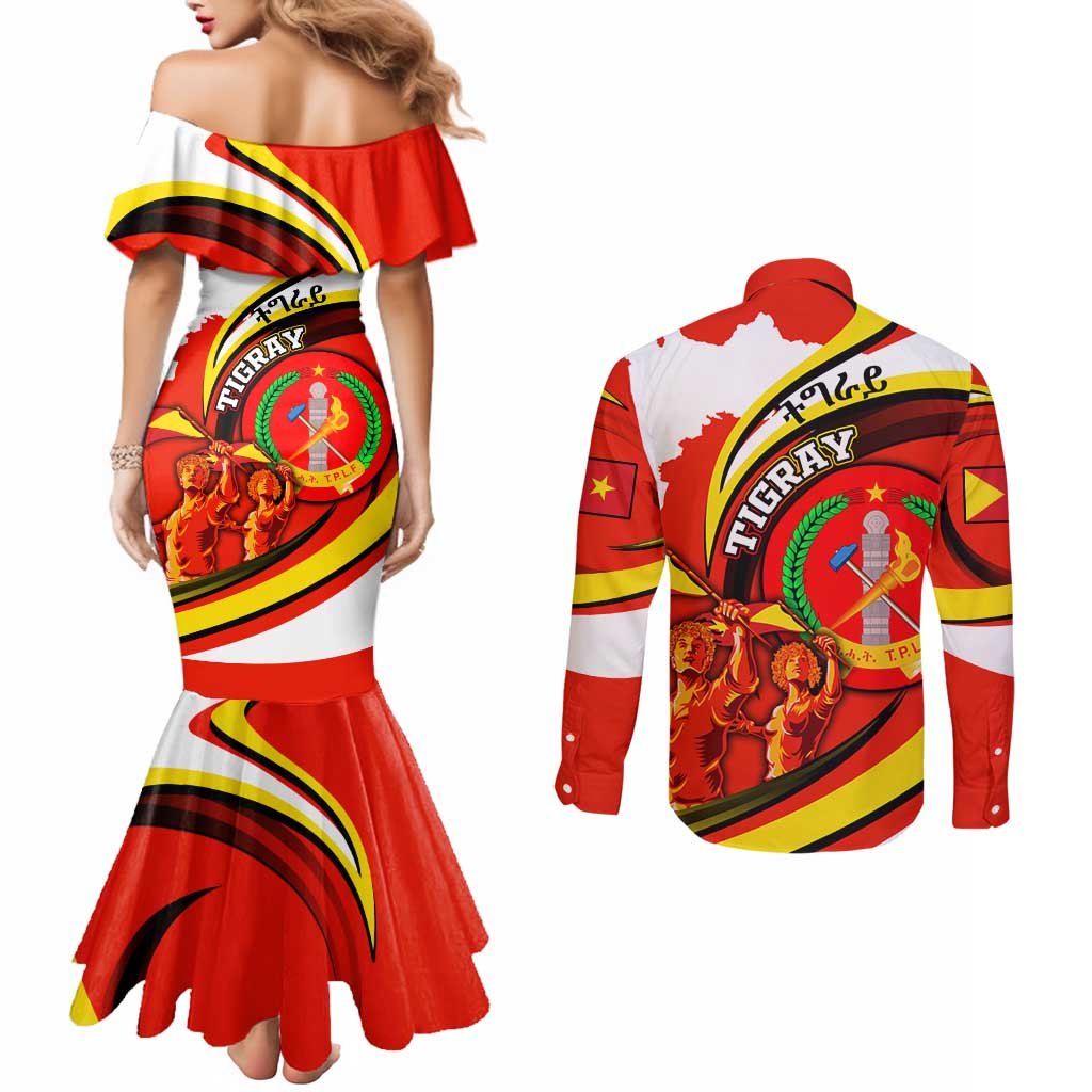 Ethiopia Tigray Revolution Couples Matching Mermaid Dress and Long Sleeve Button Shirt Emblem Freedom Fighters and Flag