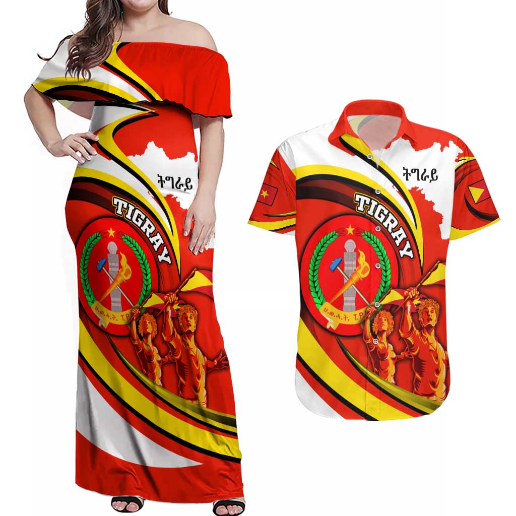 Ethiopia Tigray Revolution Couples Matching Off Shoulder Maxi Dress and Hawaiian Shirt Emblem Freedom Fighters and Flag