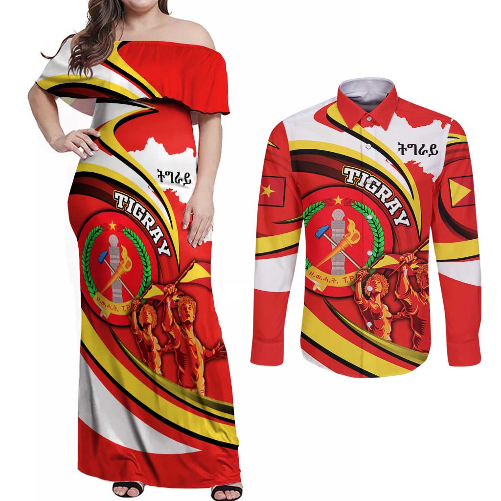 Ethiopia Tigray Revolution Couples Matching Off Shoulder Maxi Dress and Long Sleeve Button Shirt Emblem Freedom Fighters and Flag