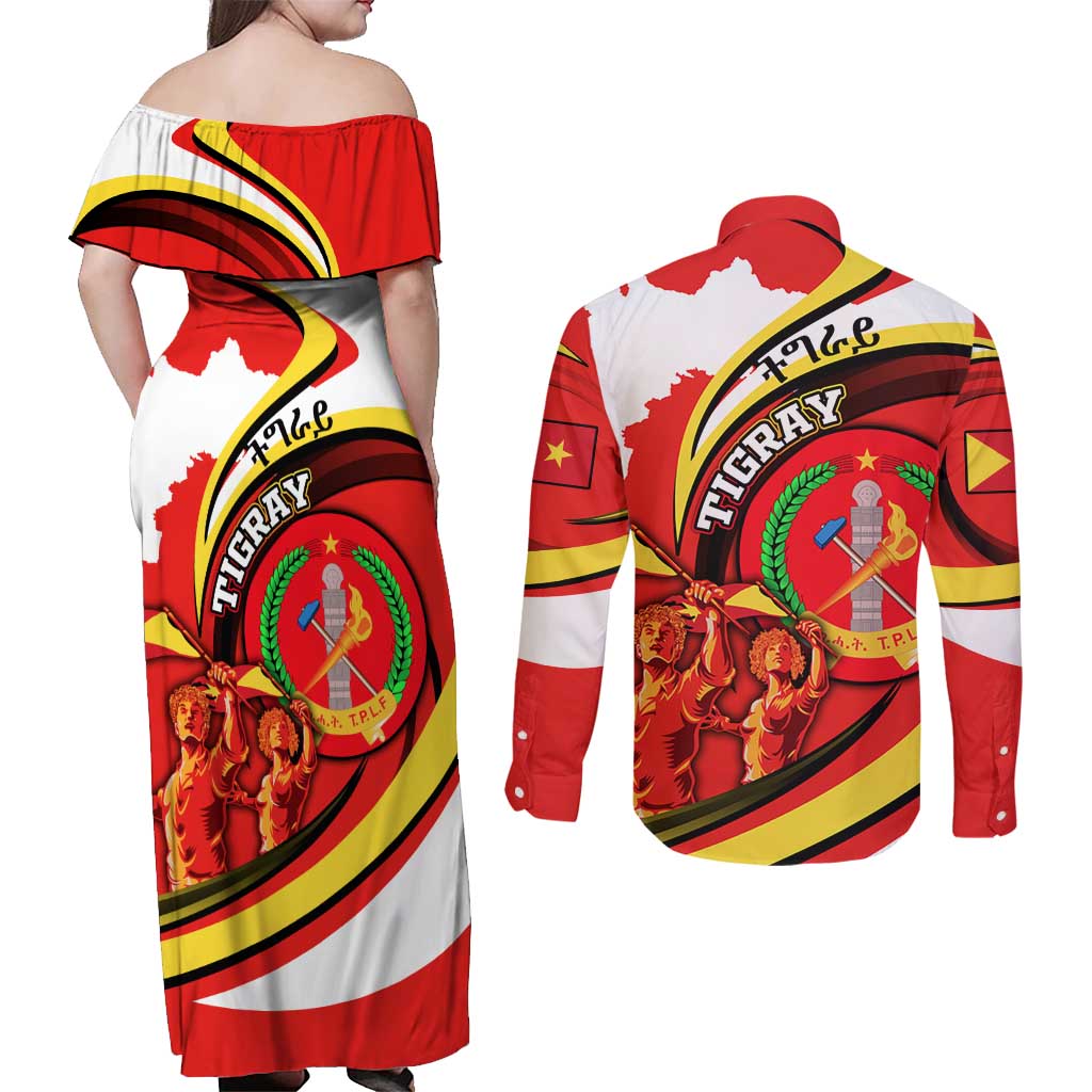 Ethiopia Tigray Revolution Couples Matching Off Shoulder Maxi Dress and Long Sleeve Button Shirt Emblem Freedom Fighters and Flag