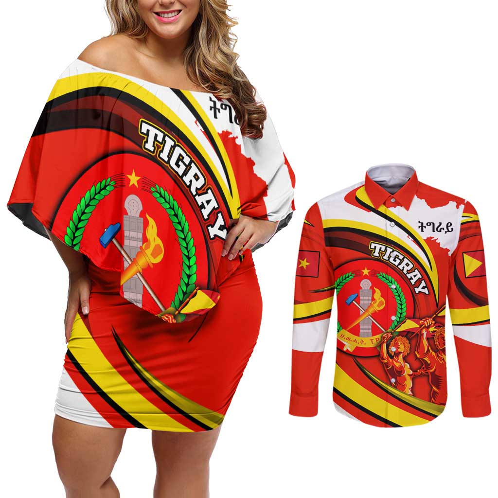 Ethiopia Tigray Revolution Couples Matching Off Shoulder Short Dress and Long Sleeve Button Shirt Emblem Freedom Fighters and Flag