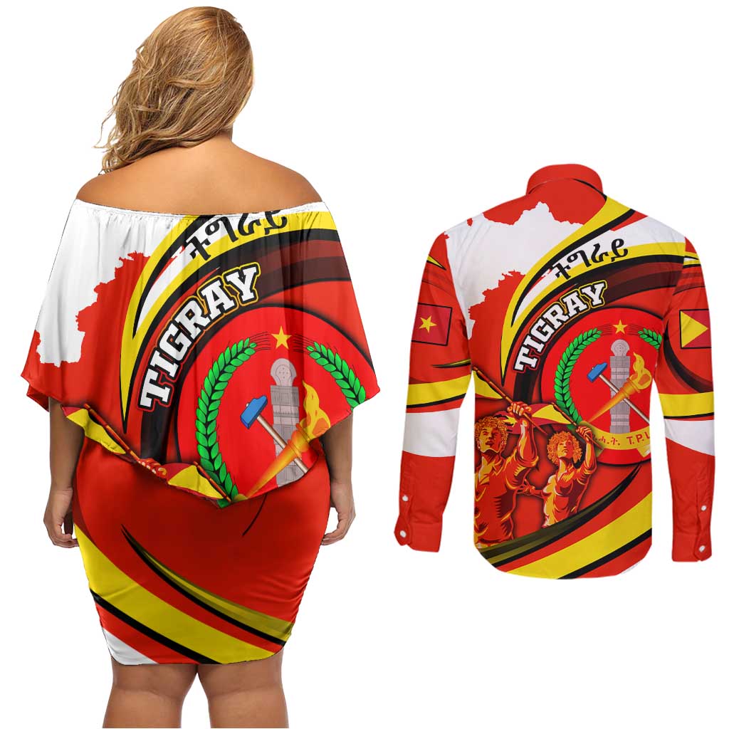 Ethiopia Tigray Revolution Couples Matching Off Shoulder Short Dress and Long Sleeve Button Shirt Emblem Freedom Fighters and Flag