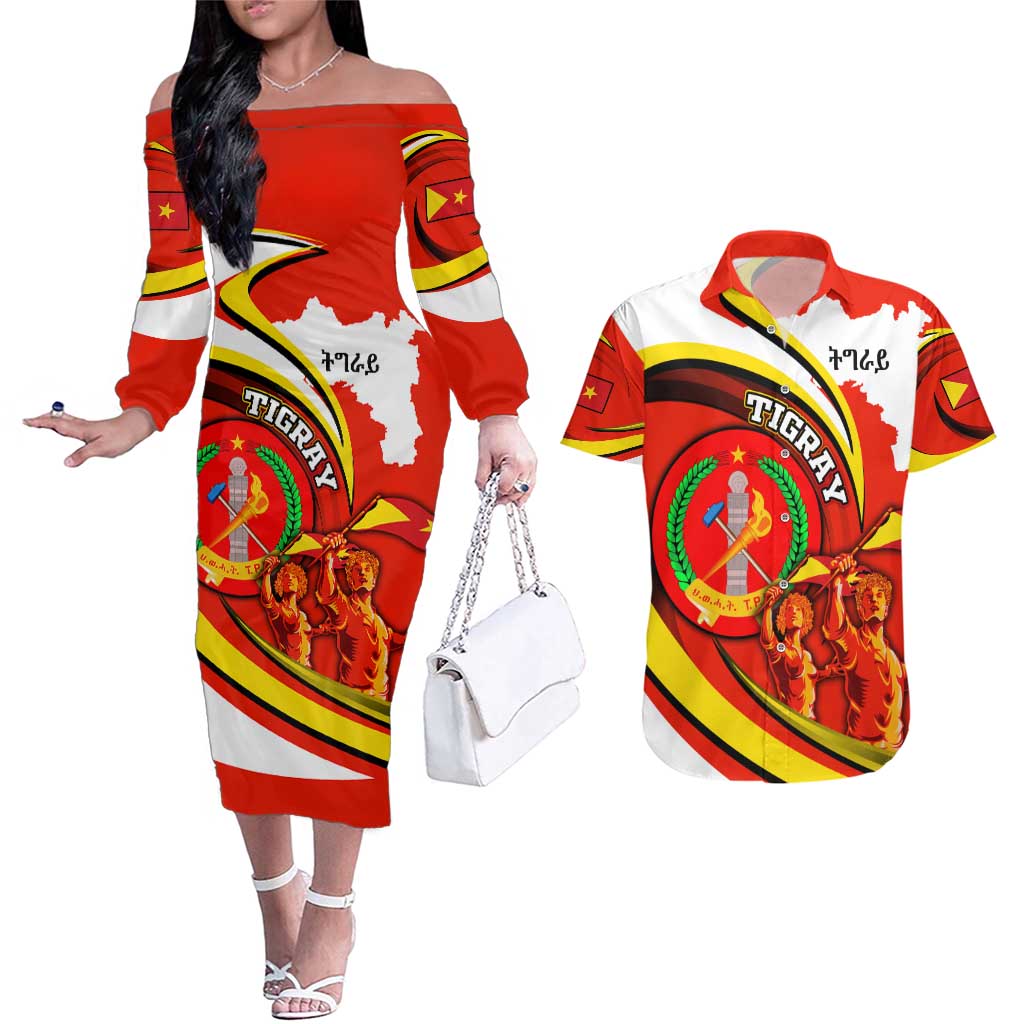 Ethiopia Tigray Revolution Couples Matching Off The Shoulder Long Sleeve Dress and Hawaiian Shirt Emblem Freedom Fighters and Flag