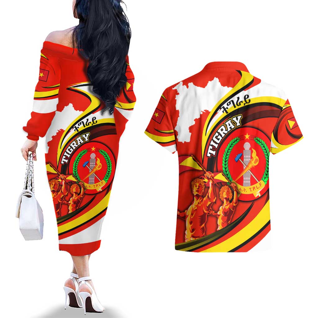 Ethiopia Tigray Revolution Couples Matching Off The Shoulder Long Sleeve Dress and Hawaiian Shirt Emblem Freedom Fighters and Flag