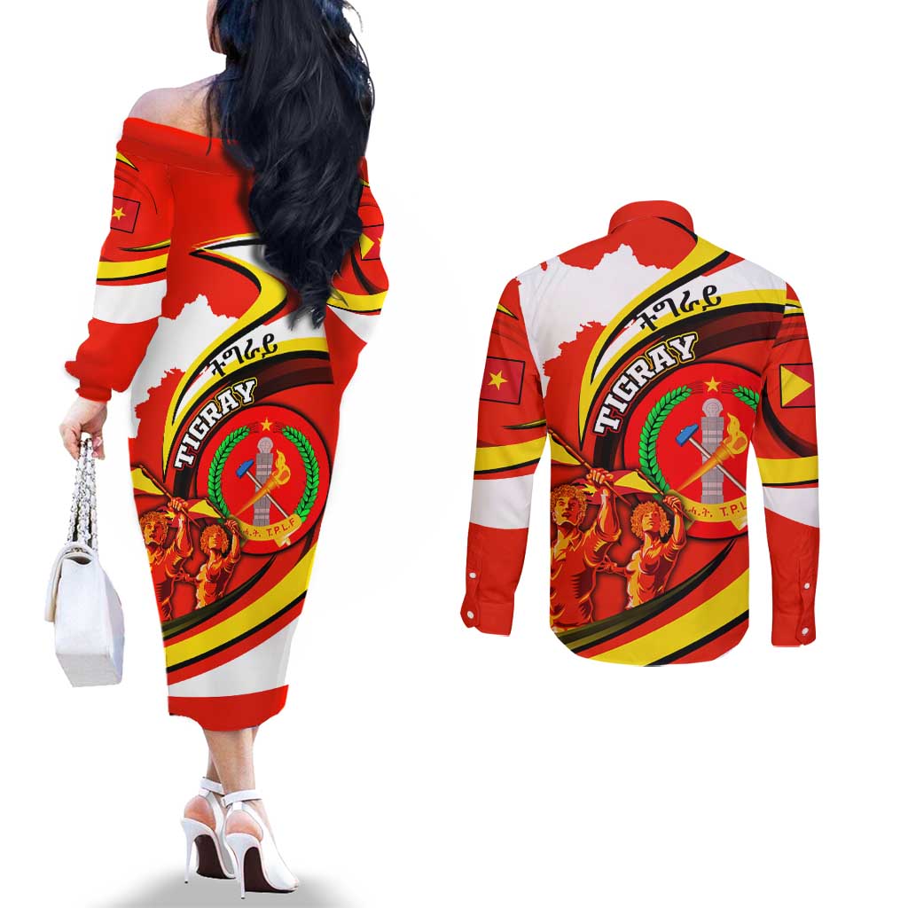 Ethiopia Tigray Revolution Couples Matching Off The Shoulder Long Sleeve Dress and Long Sleeve Button Shirt Emblem Freedom Fighters and Flag