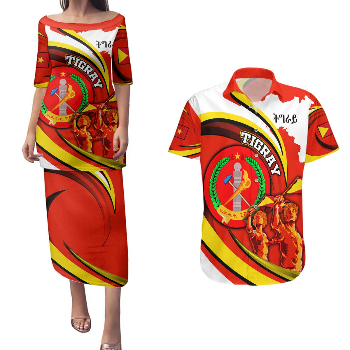 Ethiopia Tigray Revolution Couples Matching Puletasi and Hawaiian Shirt Emblem Freedom Fighters and Flag