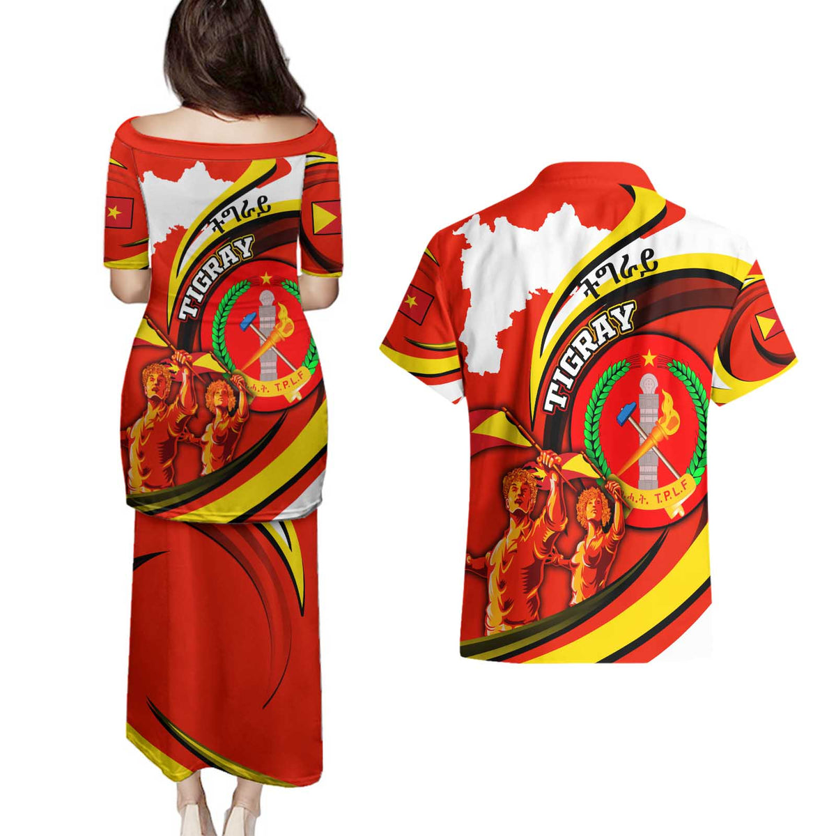 Ethiopia Tigray Revolution Couples Matching Puletasi and Hawaiian Shirt Emblem Freedom Fighters and Flag