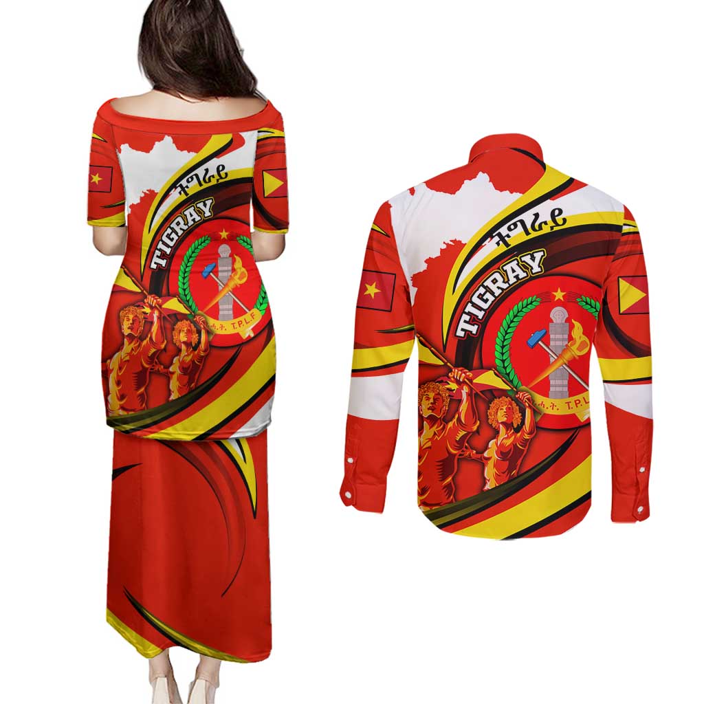 Ethiopia Tigray Revolution Couples Matching Puletasi and Long Sleeve Button Shirt Emblem Freedom Fighters and Flag